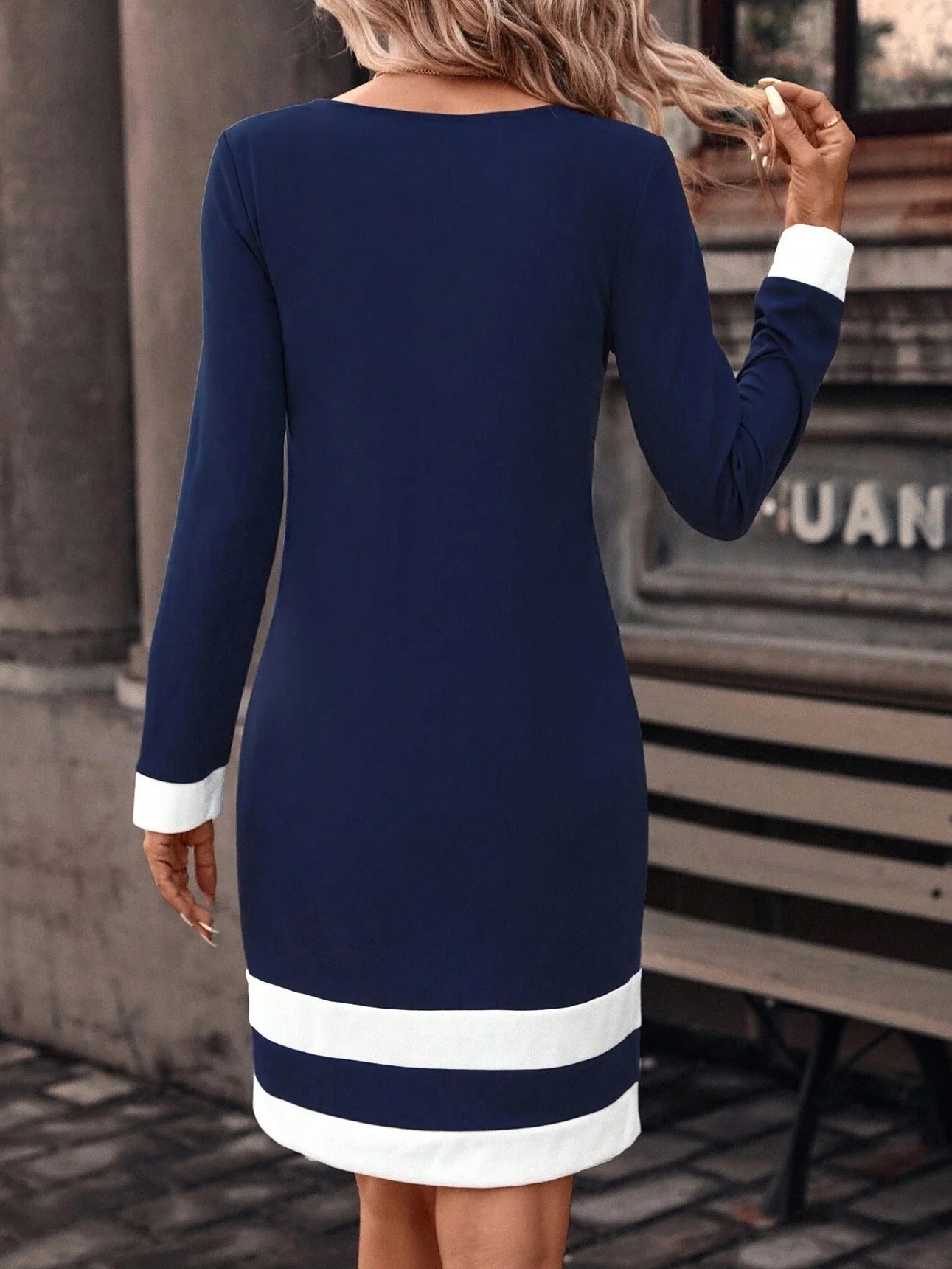 Long Sleeve Spring Fall Contrast Stitching Knitted Crew Neck Midi H-Line T-Shirt Dress