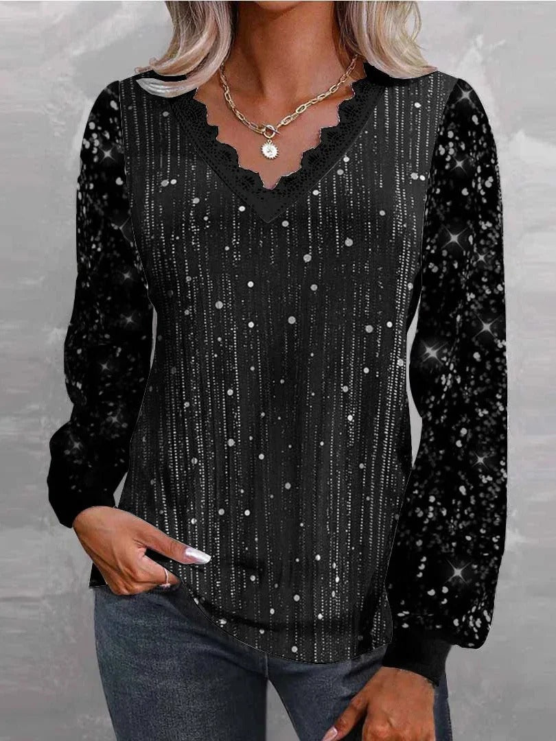 Casual Vintage Sequins V Neck Long Sleeve Loose Blouse