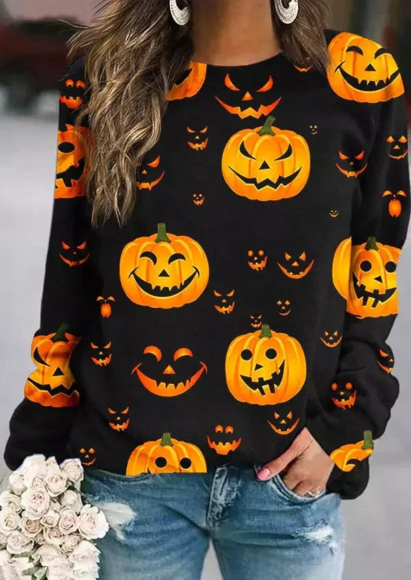 Halloween Pumpkin Print Loose Casual Crew Neck Sweatshirt