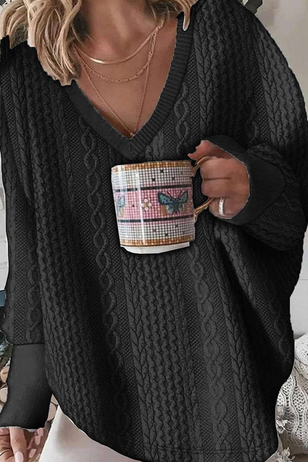 Fashion Casual V Neck Solid Color Jacquard Sweatshirt