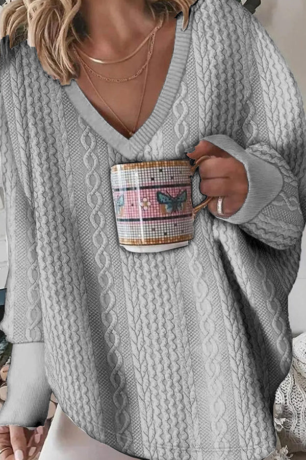 Fashion Casual V Neck Solid Color Jacquard Sweatshirt