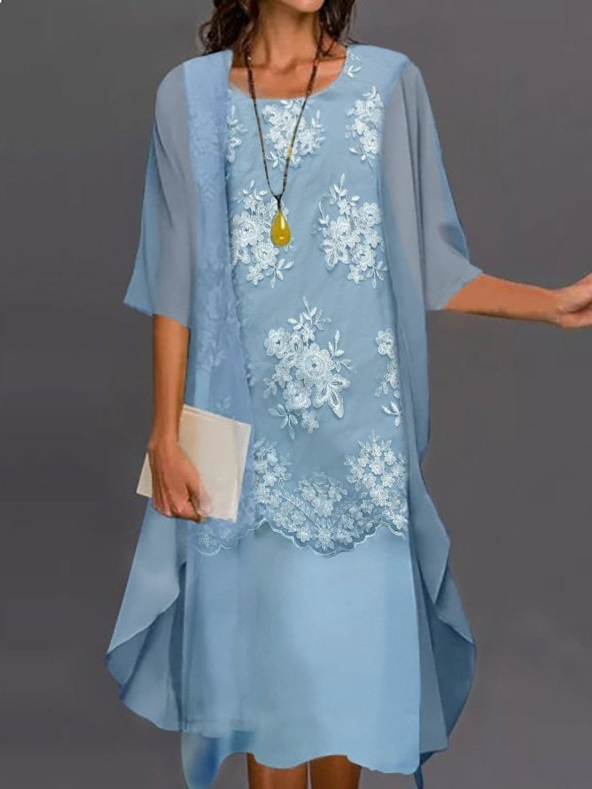 Lady Loosen Lace Solid Two-Piece Midi Dress