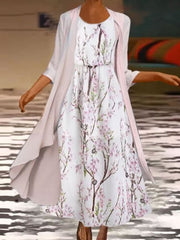 Floral Casual Short Sleeve Woven Two-Piece Maxi Dress