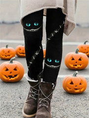 Women's Halloween Black Monster Face Stitch Print High Waist Long Leggings