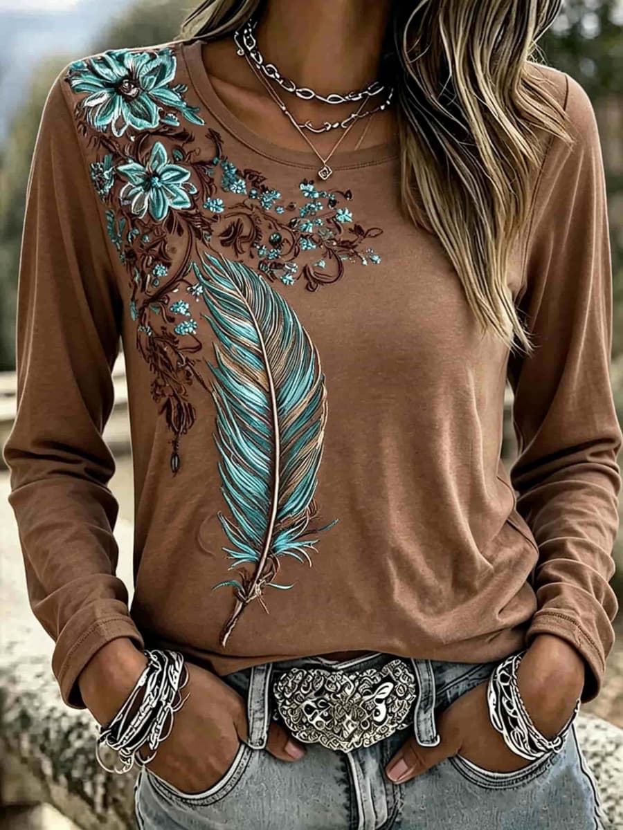 Women's Brown Feather Floral Print Round Neck Long Sleeve Top