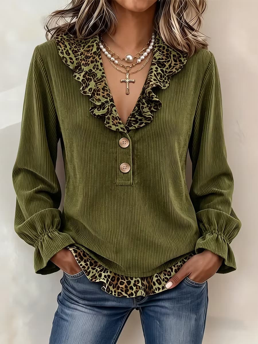 Women's Army Green Leopard Ruffle V Neck Long Sleeve Top