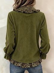 Women's Army Green Leopard Ruffle V Neck Long Sleeve Top
