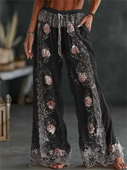 Women's Black Rose Floral Embroidered Lace Drawstring High Waist Long Wide Leg Pants