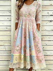 Women's Pink Patchwork Floral Embroidered Lace V Neck 3/4 Sleeve Midi Dress