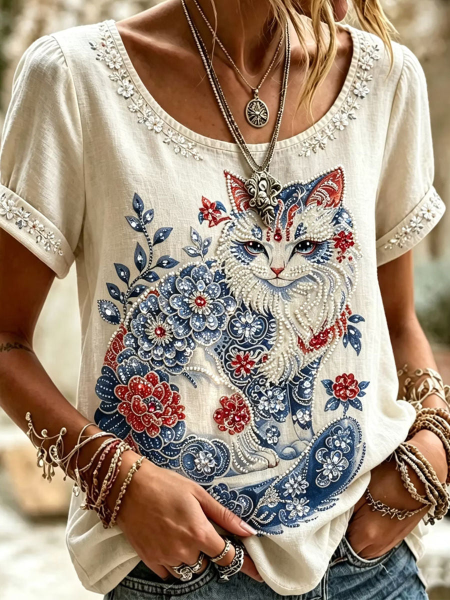 Women's White Floral Cat Print Embroidered U Neck Short Sleeve Blouse