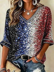Women's Holiday Red and Blue Gradient Sequin V Neck 3/4 Sleeve Blouse