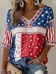 Women's Holiday Red White Blue Star Stripe V Neck 3/4 Sleeve Blouse