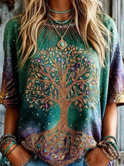 Women's Green Purple Gradient Tree Rhinestone Round Neck Short Sleeve Blouse
