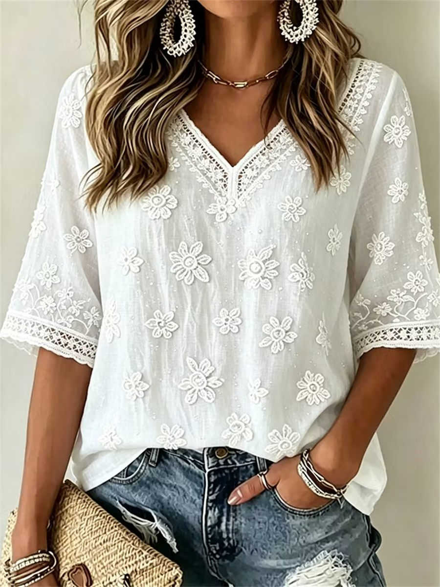 Women's White Floral Embroidered Cutwork Trim V Neck 3/4 Sleeve Blouse