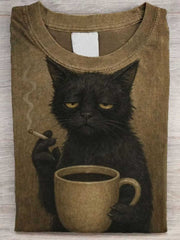 Women's Khaki Funny Cat Print Round Neck Short Sleeve Tee
