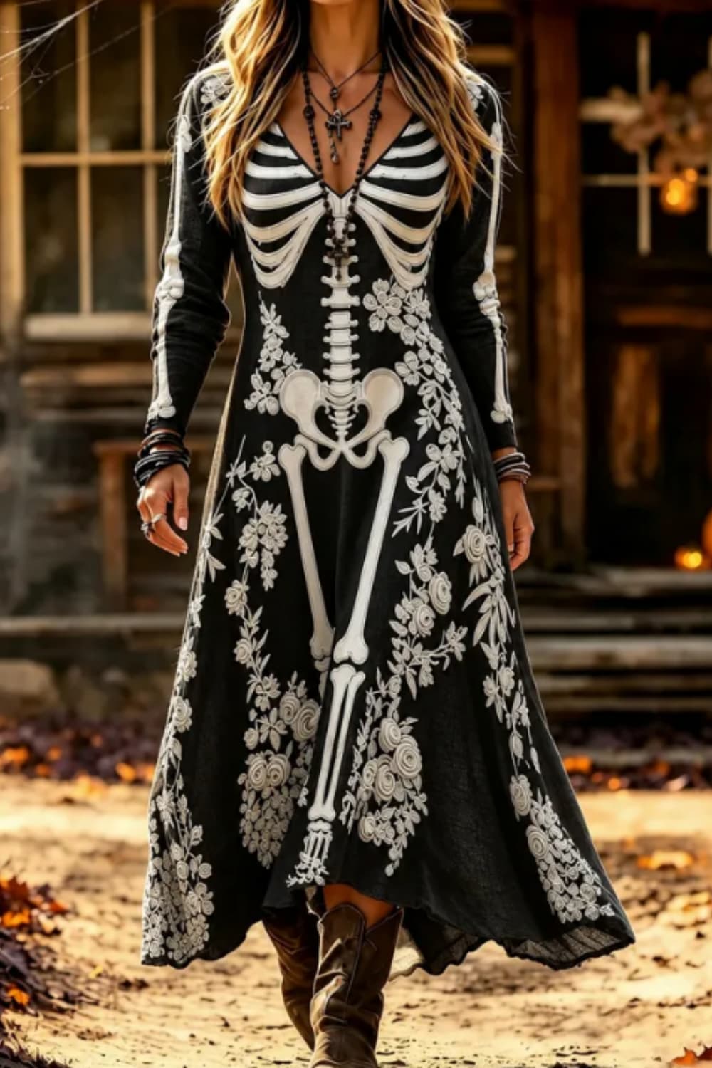 Women's Halloween Black White Skeleton Floral V Neck Long Sleeve Midi Dress