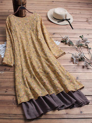Floral Print V-neck Long Sleeves Midi Dress