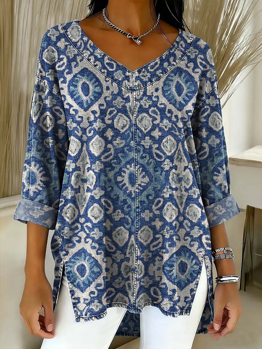 Women's Ethnic-style Pattern Art Print Casual Denim Shirt