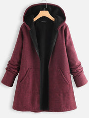 Solid Color Hooded Zipper Long Sleeves Fleece Warm Coat