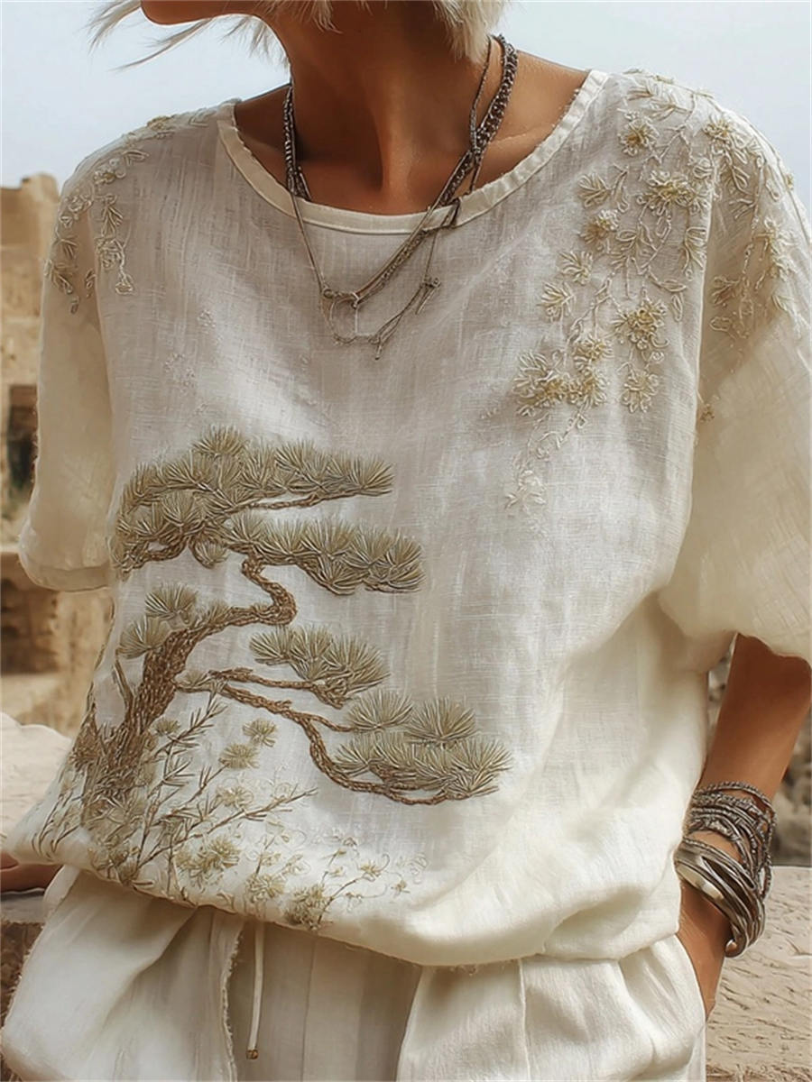 Women's White Pine Tree Floral Embroidery Round Neck Short Sleeve Linen Blouse