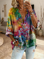 Women's Gradient Colorful Floral Print Button Down Stand Collar Long Sleeve Linen Shirt