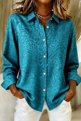 Women's Teal Floral Shirt Collar Long Sleeve Shirt