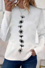 Women's White Floral Round Neck Long Sleeve Blouse