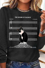 Women's Black Cat Music Note Print Round Neck Long Sleeve Blouse