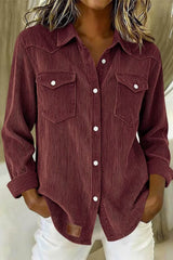 Women's Burgundy Solid Collared Long Sleeve Shirt