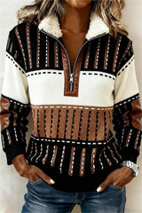 Women's Multi Striped Print Collared Long Sleeve Half-Zip Pullover Sweater