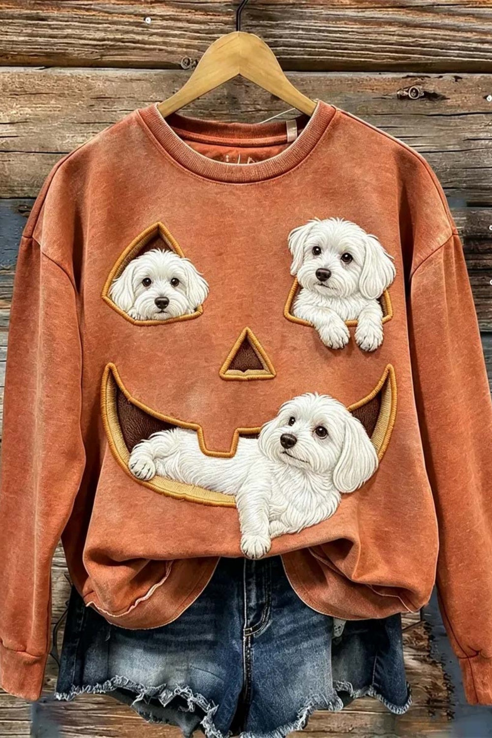 Women's Halloween Rust Maltese Dog Pumpkin Face Print Round Neck Top
