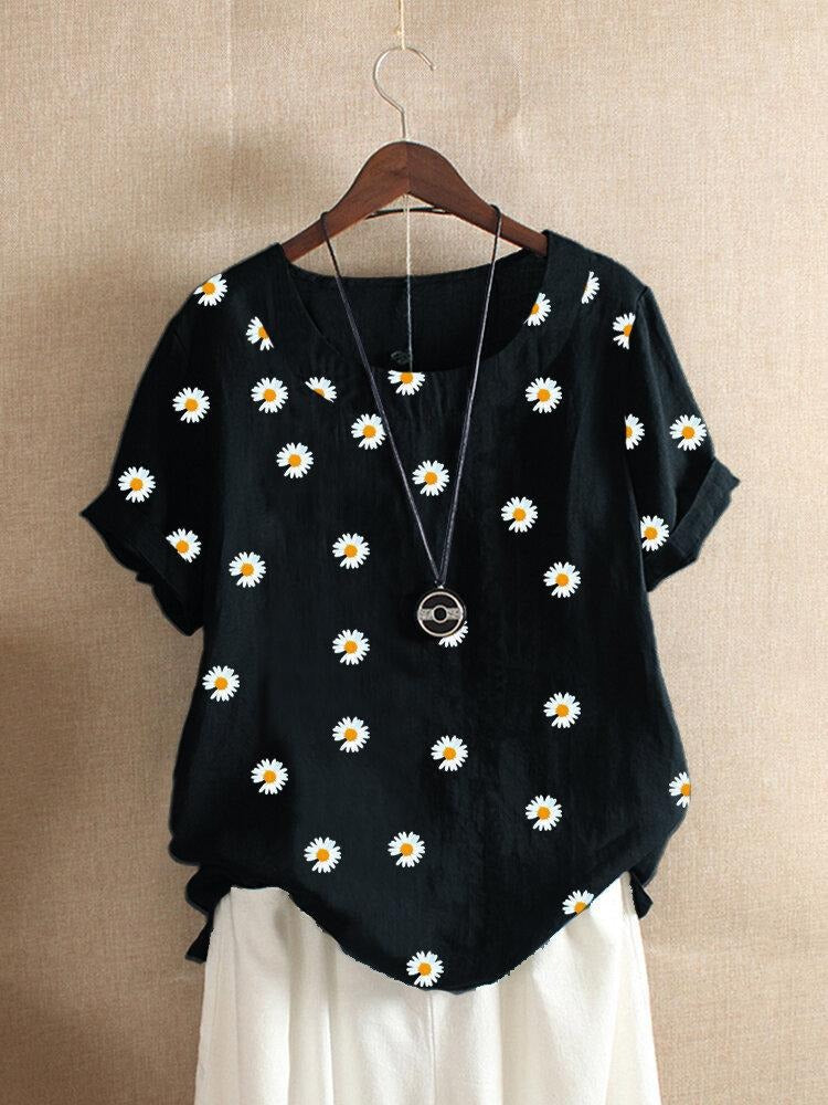 Women's Round Neck Floral Print Short Sleeves T-shirt