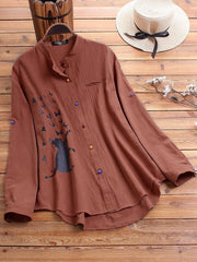 Women's Collared Neck Cat Print Long Sleeves Shirt