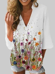 Ladies Floral Print V-neck 3/4 Sleeves Blouse