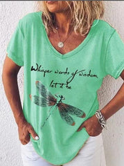 Dragonfly Print V-neck Short Sleeves T-shirt