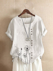 Dandelion Print Buttons Short Sleeves T-shirt