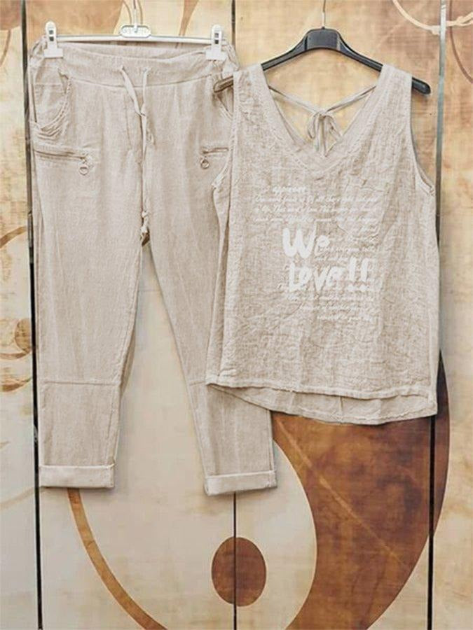 Letter Print Casual Sleeveless Two Piece Suit