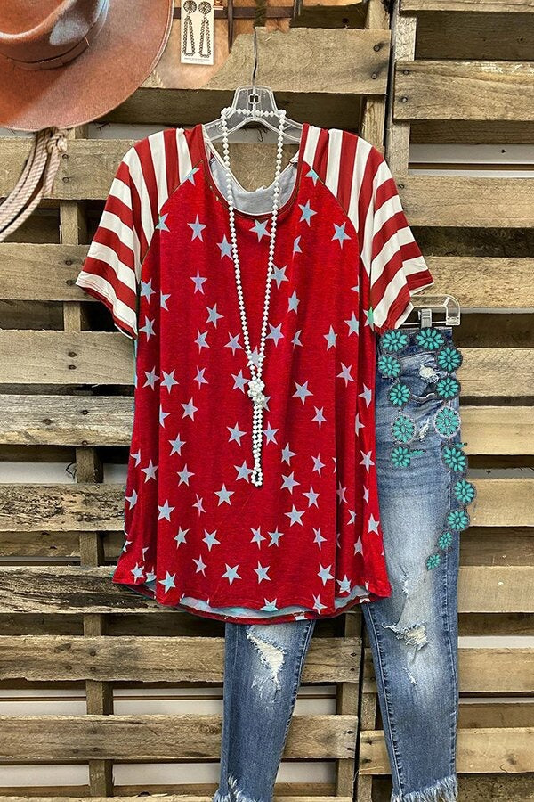 Star Stripe Print Round Neck Short Sleeves T-shirt