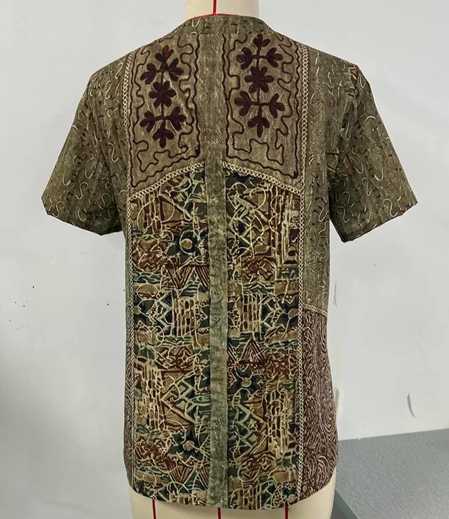 Women's Vintage Ethnic Pattern Art Print Casual Short-sleeve Washed Cotton Denim Shirt