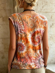 Women's Tie-Dye Sunburst Print Button Detail Sleeveless Top