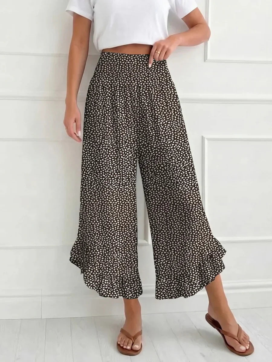 Coffee Floral Ruffle Hem Loose Culottes