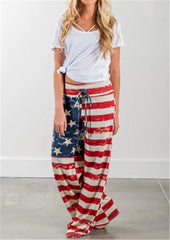 Women Vintage American Flag Print Loose Straight Long Pants