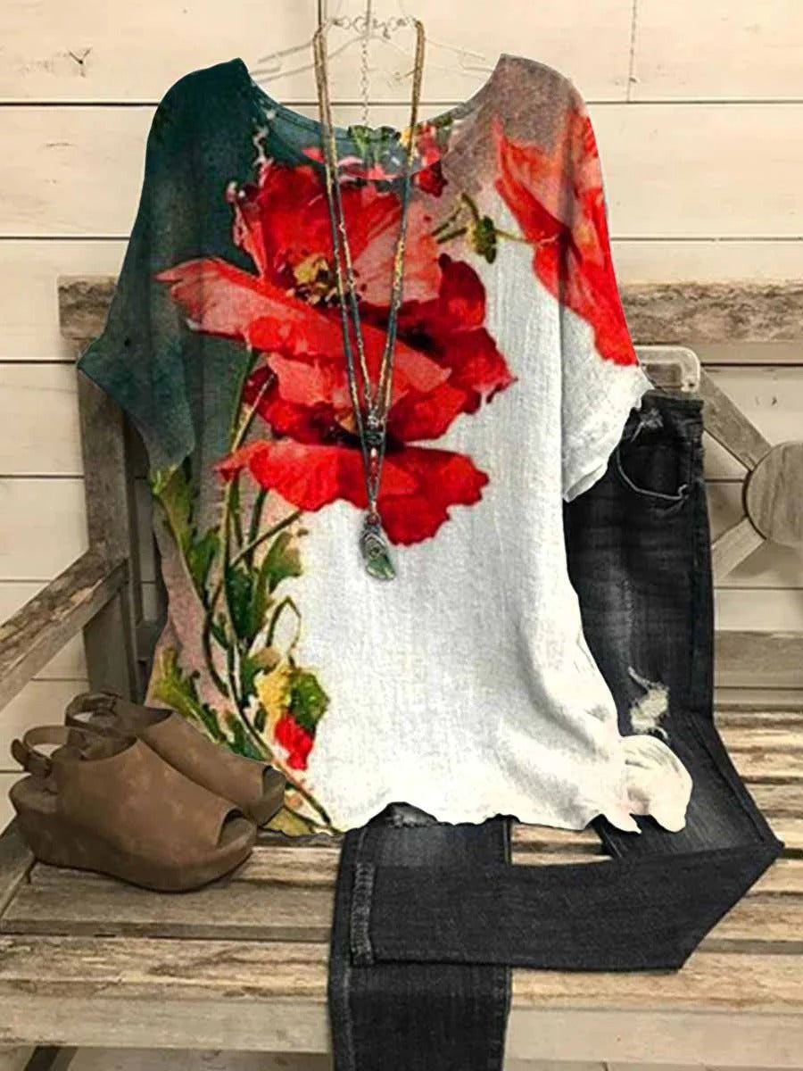 Round Neck Floral Print Short Sleeve Casual Blouse & Top