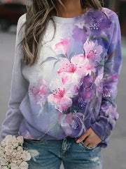 Floral Print Gradient Color O-neck Long Sleeves Sweatshirt