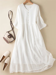 Pure White V-neck  Button-Down Short Sleeve Midi Dress