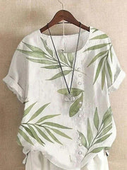 Bamboo Print Round Neck  Buttons Short Sleeves Blouse
