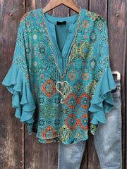 Bohemian Color Print Loose V-neck Ruffle 3/4 Sleeves Blouse