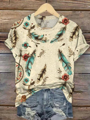 Floral Feather-patterned Round Neck Loose Short Sleeves Blouse
