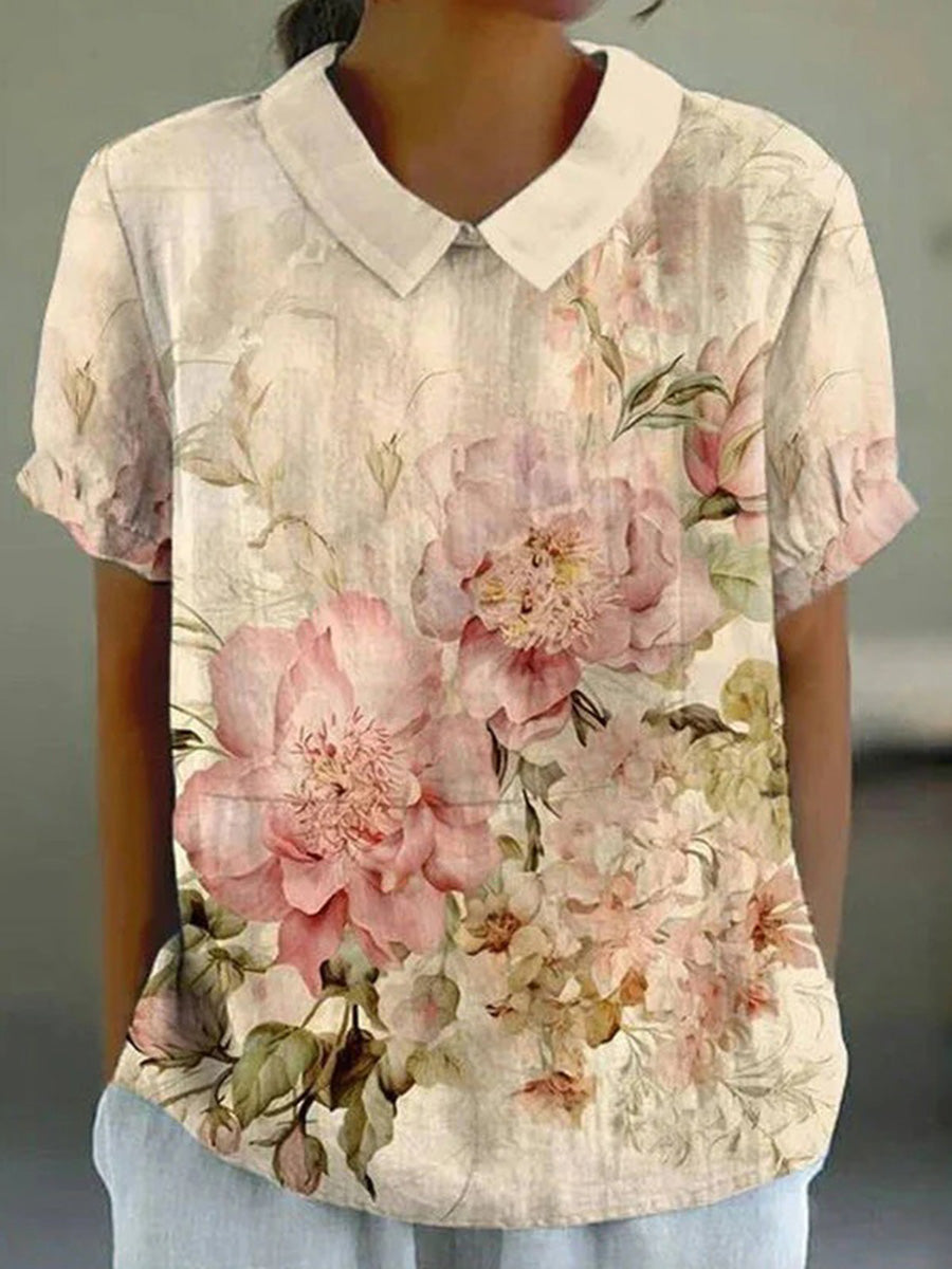 Retro Floral Print Short Sleeve Blouse