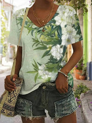 Vintage Floral Print V-neck Short Sleeve T-Shirt